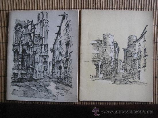 Art: 2 CARPETAS DE 11 DIBUJOS DE LUIS RE&Ntilde;E SOBRE LA BARCELONA HISTORICA. 1959