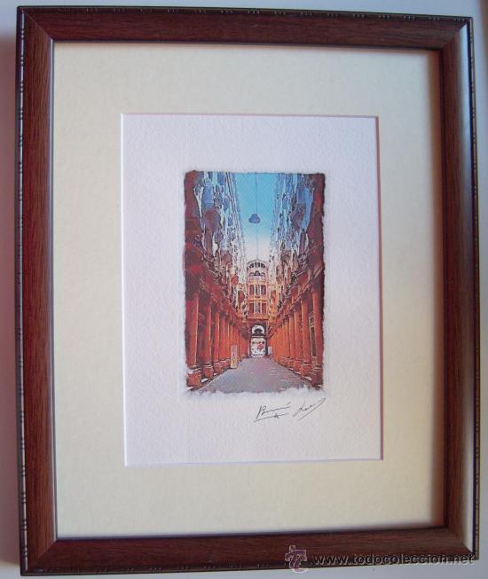 Art: Albacete. Pasaje de Lodares. Estampa en marco madera + paspart&uacute;, con firmas de artistas, 37 x 31 cm