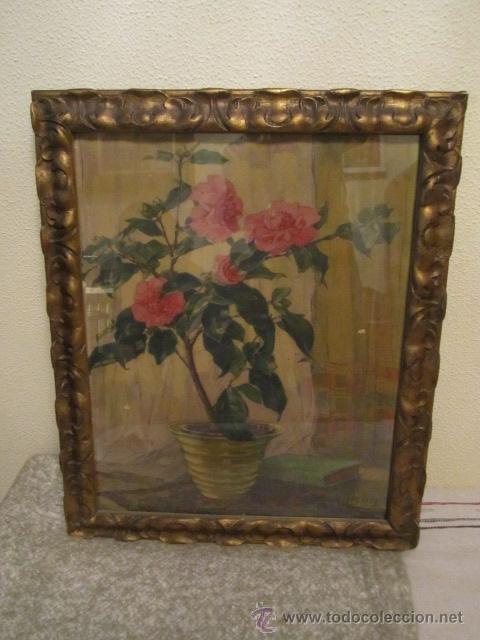 Art: L&aacute;mina antigua acuarela firmada, florero con rosas, marco de &eacute;poca. Medida 60 x 49 cm.