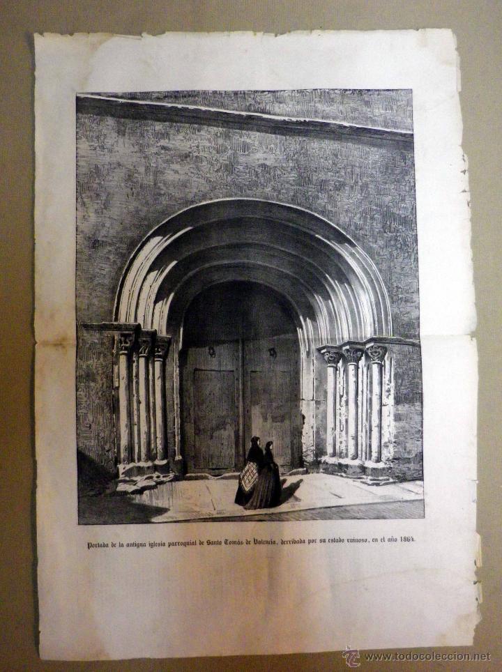 Arte: LAMINA, PORTADA IGLESIA SANTO TOMAS, DE VALENCIA, DERRIBADA EN 1864, EL MUSEO LITERARIO, 51 X 37 cm