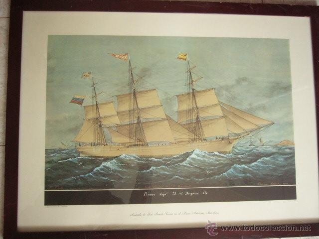 Arte: ANTIGUA LAMINA DE VELERO DE NAVIERA. BARCELONA. DE UNA ACUARELA ORIGINAL DE JOS&Eacute; PINEDA GUERRA.