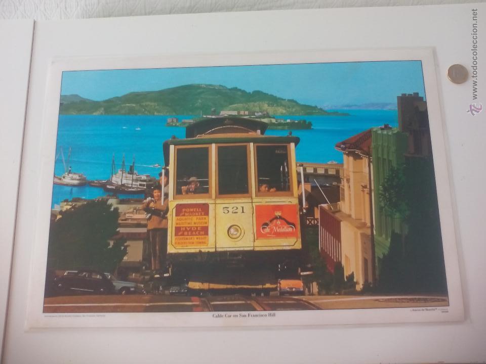 Art: Antigua l&aacute;mina Cable car con San Francisco. Am&eacute;rica the beautiful. Smith Novelty. placemats. lmr0385