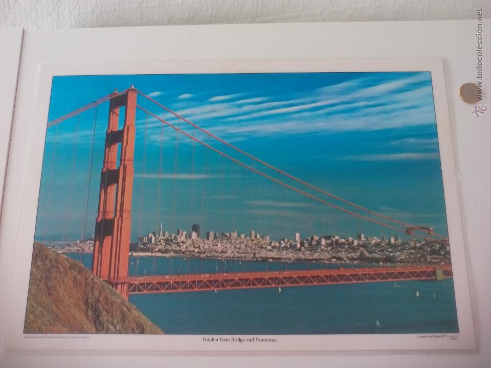 Art: Antigua l&aacute;mina Golden Gate Bridge and Panorama Am&eacute;rica the beautiful. Smith Novelty. placemats.