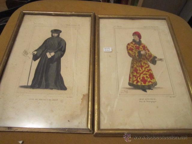 Art: Pareja de laminas enmarcadas antiguas figuras siglo XV medida 26 x 17 cm.