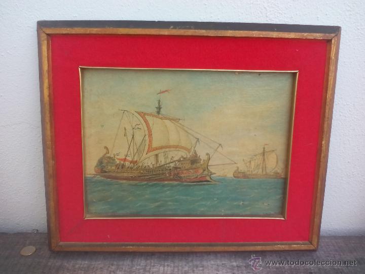 Art: Antiguo cuadro con l&aacute;mina de Rafael R. Monle&oacute;n. Tema na&uacute;tico. Barcos Griegos.