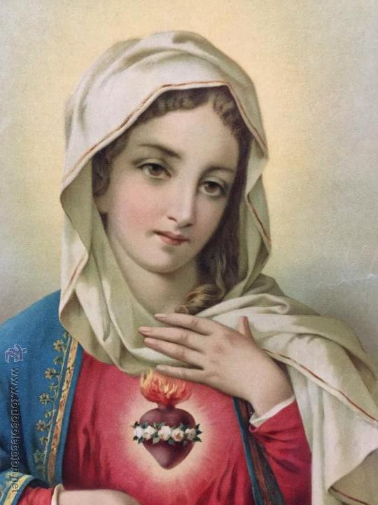 Arte: Gran y antigua lamina del sagrado corazon de la virgen