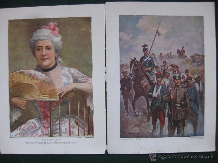 Art: BLANCO Y NEGRO- FIRMADO EMRIQUE ESTEVAN- FIGURAS DE CARNAVAL Y GUERRA EUROPEA- DOS LAMINAS ANTIGUAS