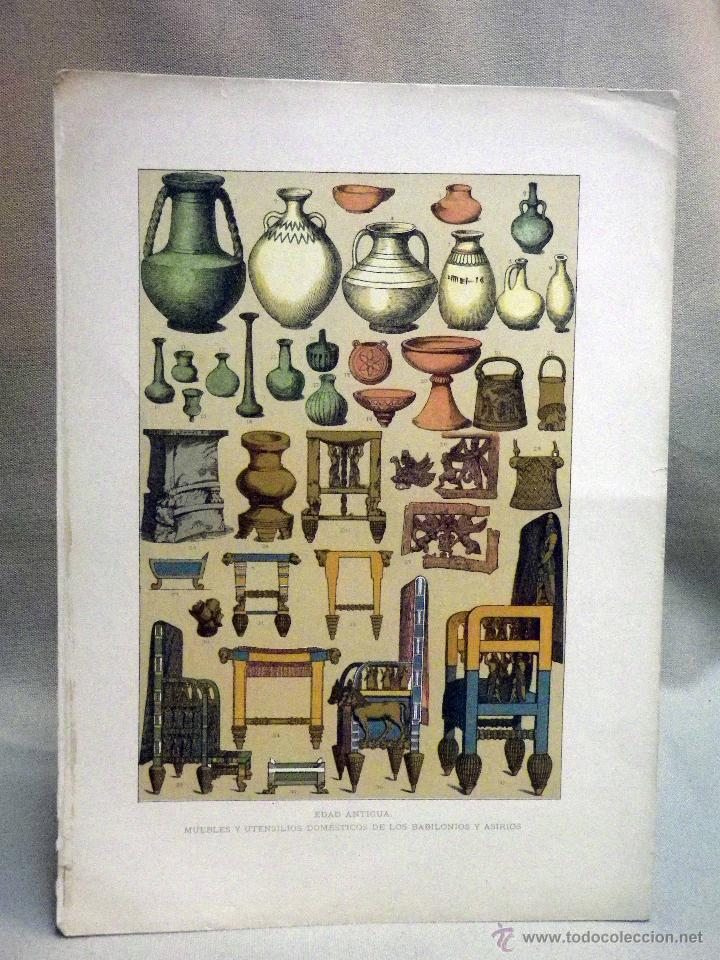 Art: ANTIGUA LAMINA, EDAD ANTIGUA, ASIRIOS Y BABILONIOS, UTENSILIOS Y MUEBLES, 32,5 x 23 cm.