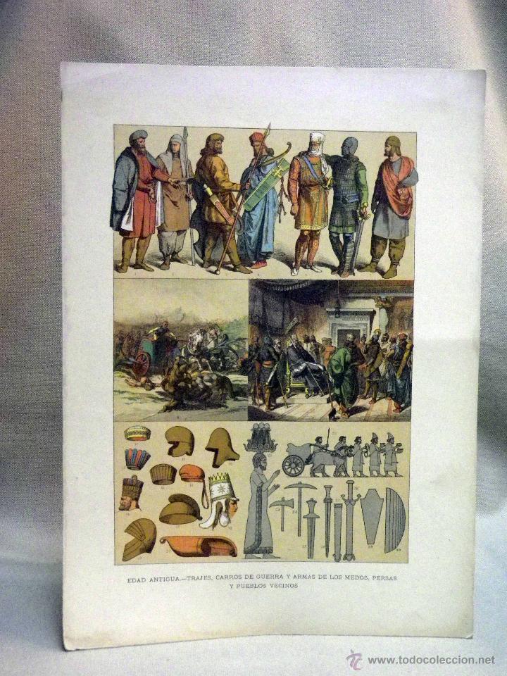 Art: ANTIGUA LAMINA, EDAD ANTIGUA, TRAJES Y ARMAS DE GUERRA, MEDOS, PERSAS, 32,5 x 23 cm.