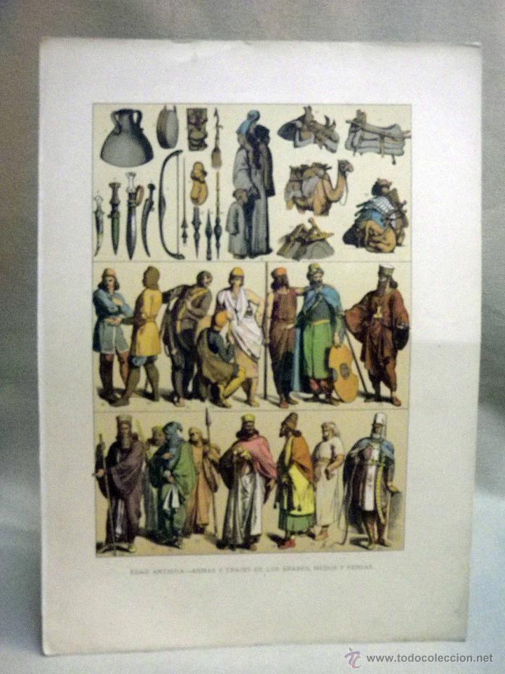 Art: ANTIGUA LAMINA, EDAD ANTIGUA, TRAJES Y ARMAS DE GUERRA, ARABES, MEDOS, PERSAS, 32,5 x 23 cm.