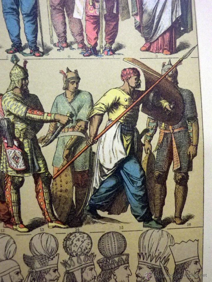 Art: ANTIGUA LAMINA, EDAD ANTIGUA, TRAJES Y ARMAS DE LOS PERSAS, SIGLOS III AL XVI, 32,5 x 23 cm.