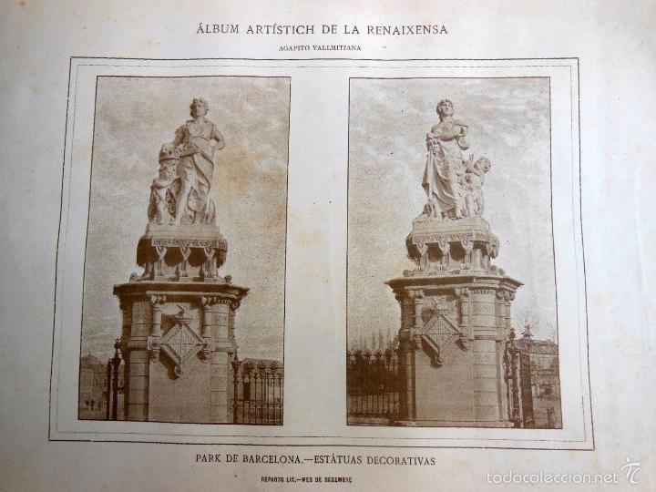 Art: Antigua Lamina : PARK DE BARCELONA. ESTATUAS DECORATIVAS. VALLMITJANA Agapito. Renaixensa