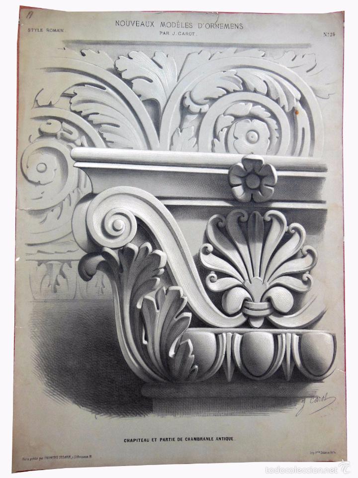 Arte: Lámina: NOUVEAUX MODÈLES D'ORNEMENS. Style Romain, Nº 24. CAROT J. Ed François Delarue