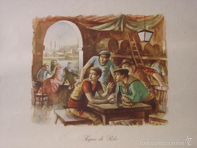 Art: Lote de 12 l&aacute;minas 34x41,5 de alto gramaje de Antigua Compa&ntilde;&iacute;a de Seguros. Escenas de &Eacute;poca.