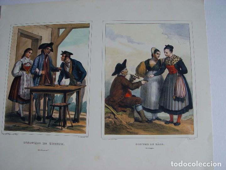 Art: Reproducci&oacute;n litografica Costumes de Zurich sobre obra de A. Deveria.