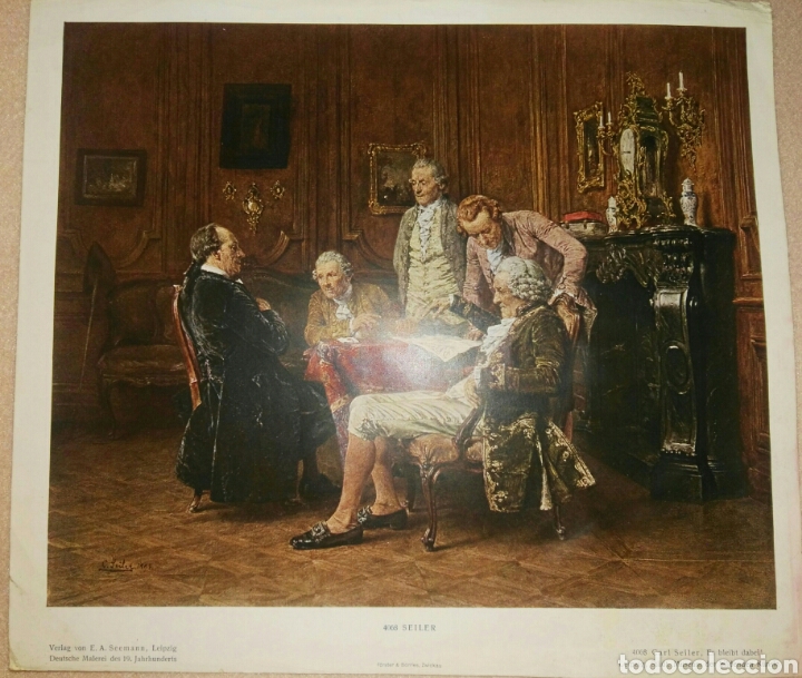 Art: ANTIGUA Y BELLISIMA LAMINA ALEMANA.AUTOR:Carl Seiler Titulo de la obra: Der Kontrakt. F&uuml;nf diskutier