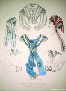 1861-1866 Lote de 11 laminas moda siglo XIX Sombreros, cofias, vestidos época, decoración, boutique