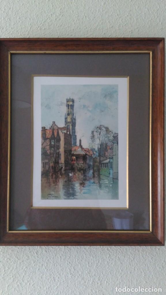 Art: Dos l&aacute;minas a color enmarcadas. Reproducci&oacute;n firmada(Jan Korthals) de los canales de Brujas.