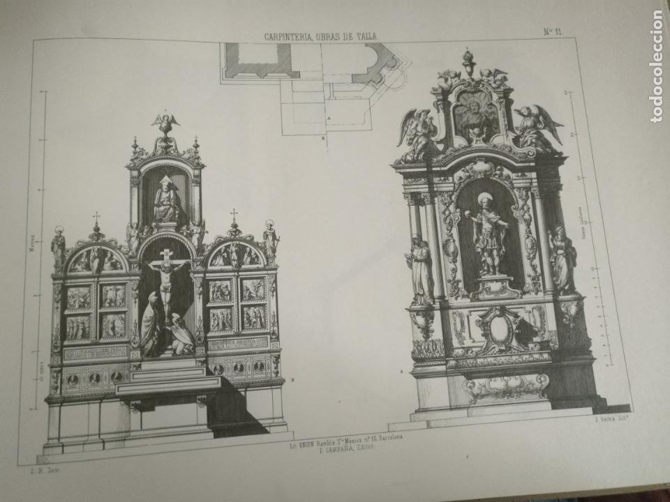 Arte: 33,5 x 23,5 cm antigua lamina arquitectura decoracion carpinteria - altar capilla retablo calvario - Foto 1 - 204453226