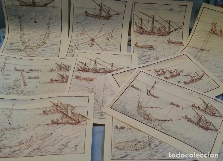 Art: L&aacute;minas mar&iacute;timas. Tratan sobre las diferentes artes de pesca en el mar. 12 escenas diferentes.