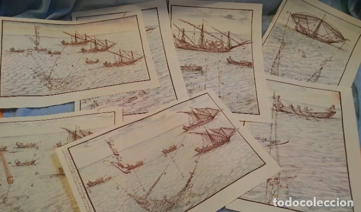 Art: L&aacute;minas mar&iacute;timas. Tratan sobre las diferentes artes de pesca en el mar. 7 escenas diferentes.