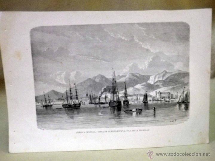 Art: LAMINA ANTIGUA, AMERICA CENTRAL - VISTA DE PUERTO ESPA&Ntilde;A, ISLA DE LA TRINIDAD
