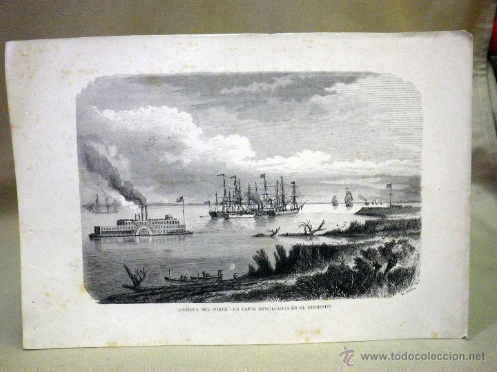 Arte: LAMINA ANTIGUA, AMERICA DEL NORTE, UN VAPOR REMOLCADOR EN EL MISSISSIPI