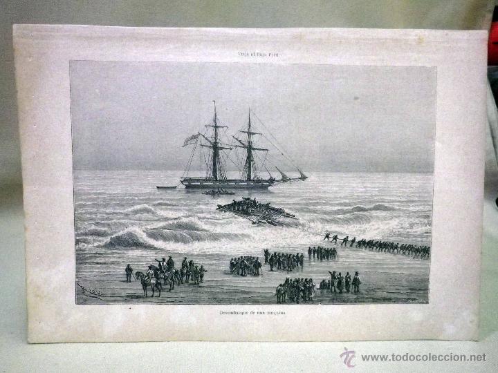 Art: LAMINA ANTIGUA, VIAJE AL BAJO PERU, DESEMBARQUE DE UNA MAQUINA