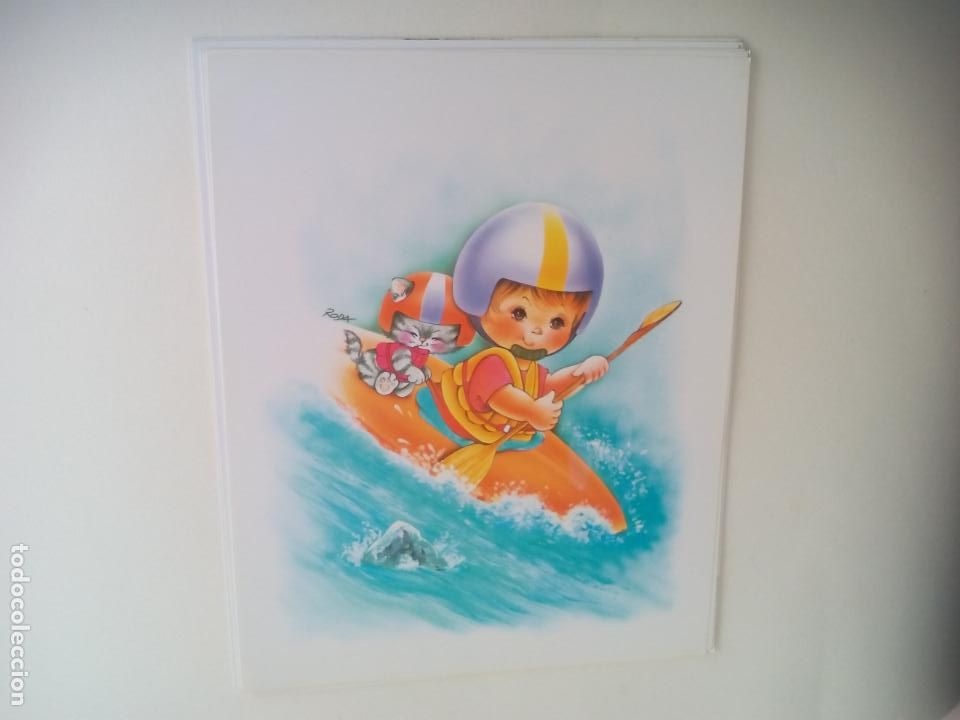 Art: LAMINA. INFANTIL. NI&Ntilde;O EN PIRAGUA CON GATO. RODA.. 24 X 30 CM
