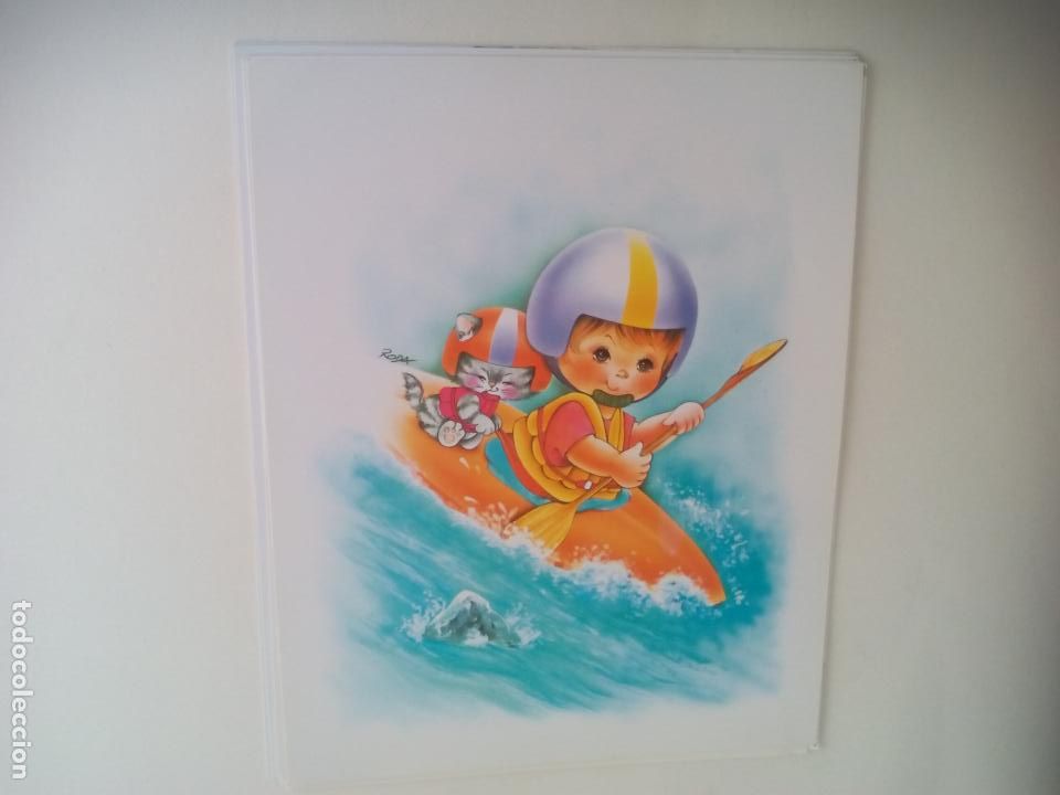 Art: LAMINA. INFANTIL. NI&Ntilde;O EN PIRAGUA CON GATO. RODA.. 24 X 30 CM