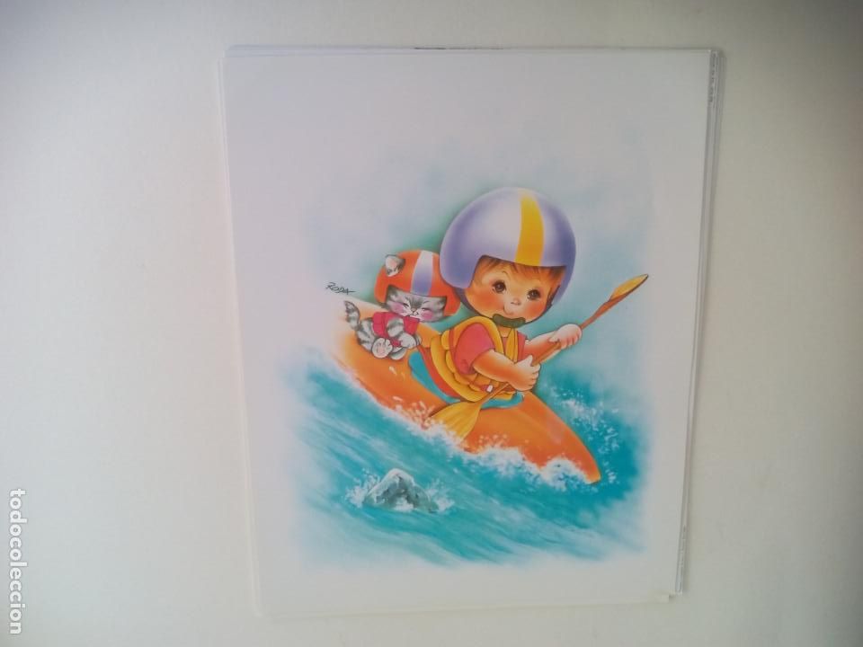Art: LAMINA. INFANTIL. NI&Ntilde;O EN PIRAGUA CON GATO. RODA.. 24 X 30 CM