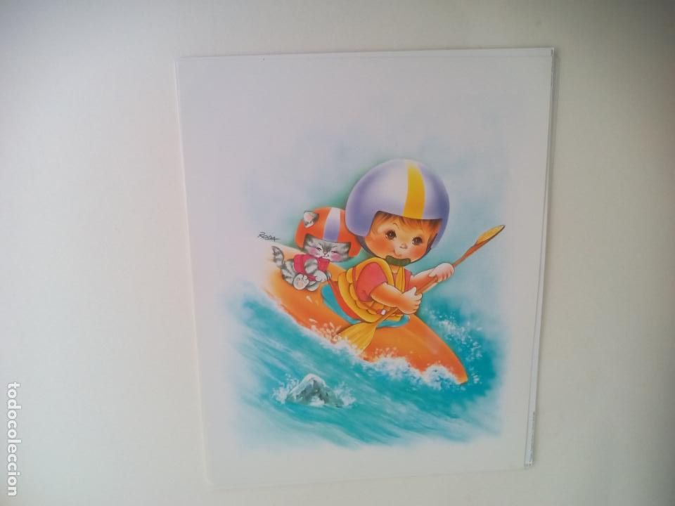 Art: LAMINA. INFANTIL. NI&Ntilde;O EN PIRAGUA CON GATO. RODA.. 24 X 30 CM