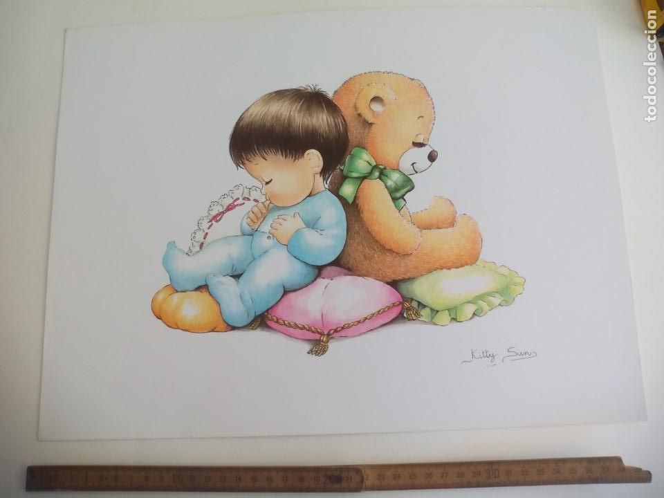 Art: LAMINA. KITTY SUN. NI&Ntilde;O, BEBE CON OSITO DE PELUCHE. TALLEDA. BARCELONA.1990. 40,5 X 30,5 CM