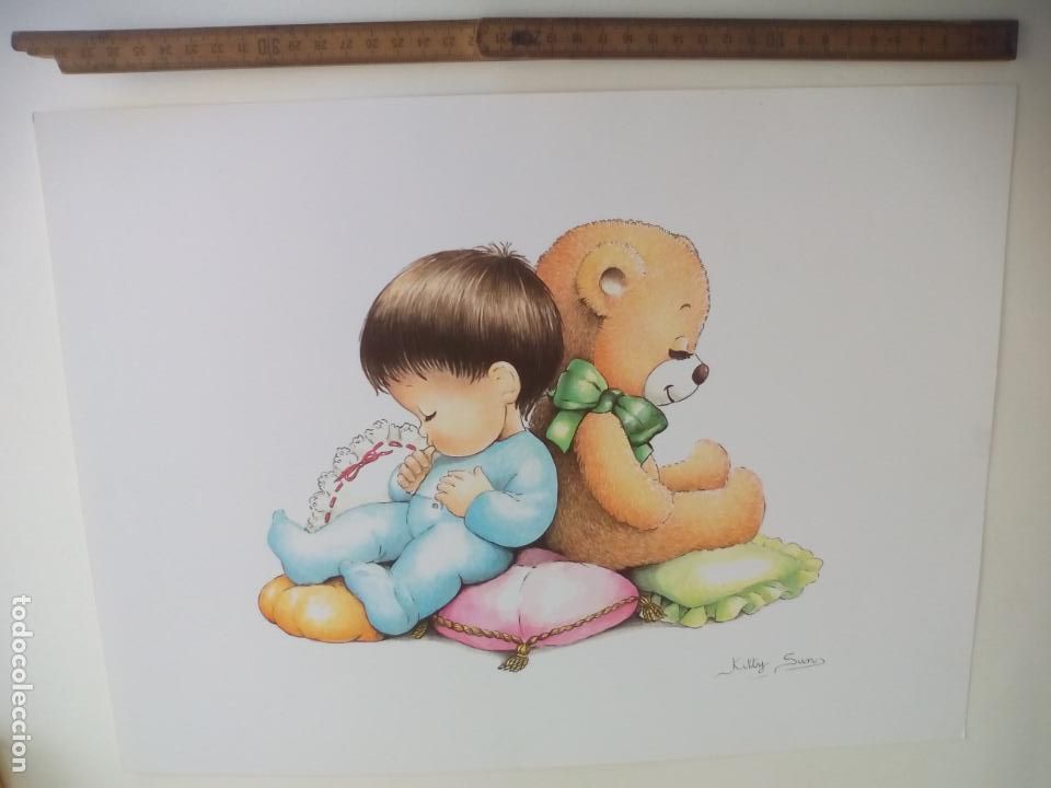 Art: LAMINA. KITTY SUN. NI&Ntilde;O, BEBE CON OSITO DE PELUCHE. TALLEDA. BARCELONA.1990. 40,5 X 30,5 CM