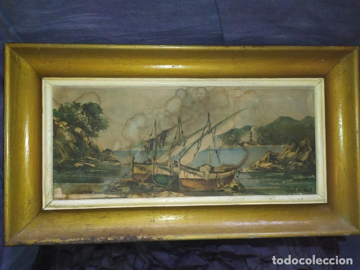 Arte: ANTIGUA L&Aacute;MINA SOBRE TABLA ENMARCADA MARINA BARCAS FIRMADA DEL OLMO