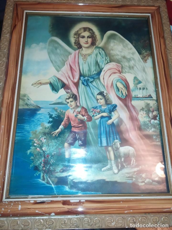 Art: GRAN ANTIGUA L&Aacute;MINA &Aacute;NGEL Y NI&Ntilde;OS OVEJA PRECIOSA ENMARCADA CRISTAL
