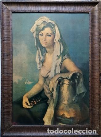 Arte: LAMINA ENMARCADA RETRATO DE MUJER CON UVAS Y RECIPIENTE - CUADRO-373