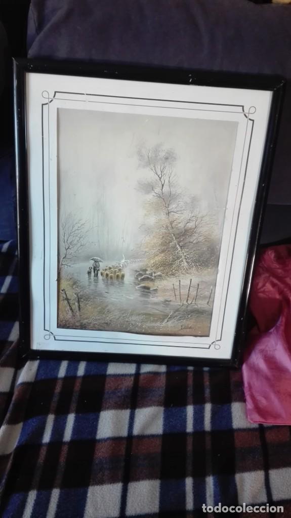 Arte: Paisaje lloviendo de pastor con ovejas firmada