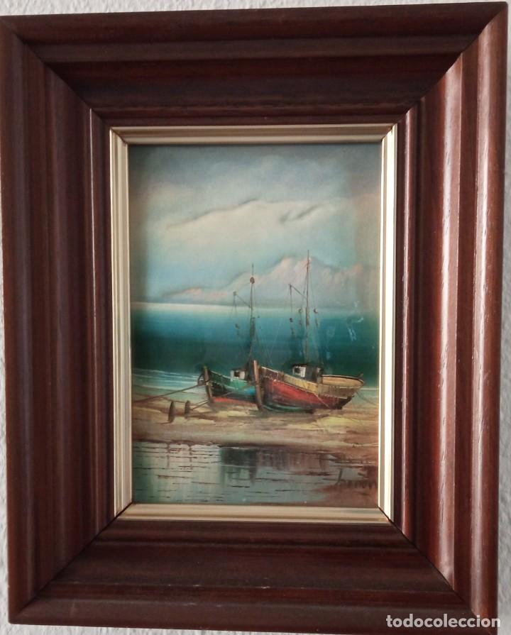 Art: Cuadro de marina esmaltada, enmarcado, 27x22,5 cm