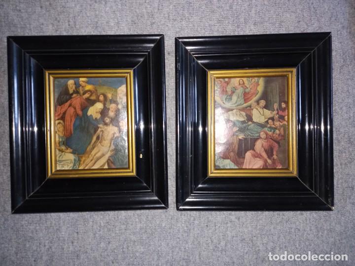 Art: Pareja de l&aacute;minas antiguas enmarcadas con el Descendimiento de Cristo y Dormici&oacute;n de la Virgen