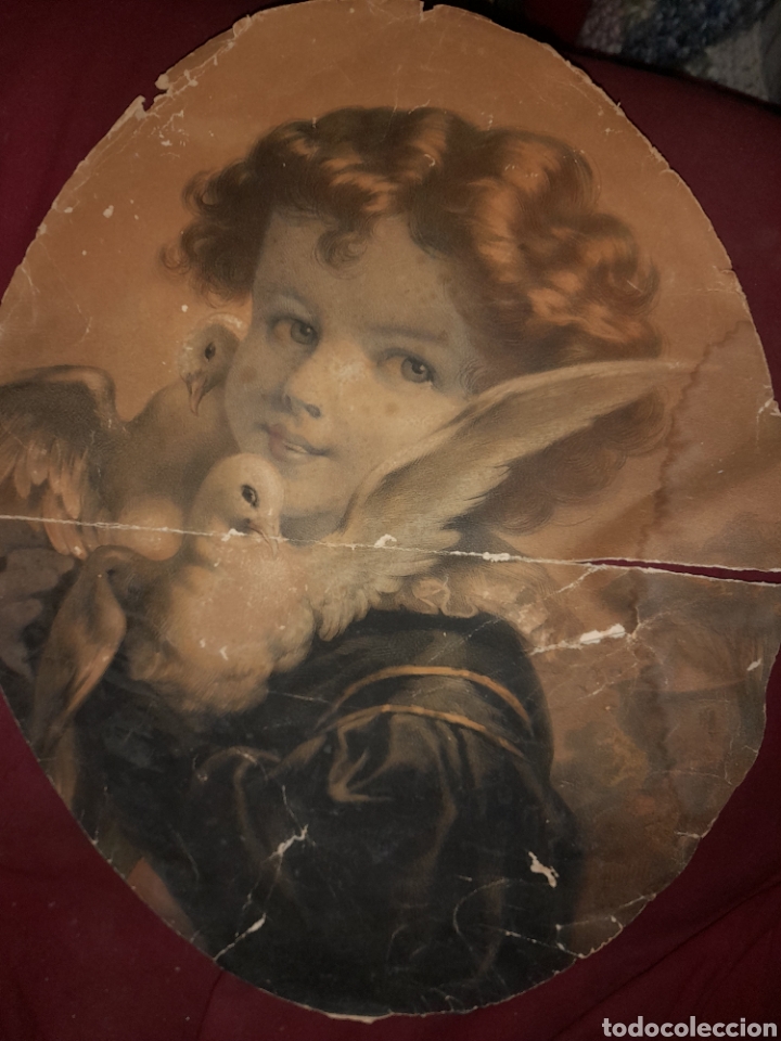 Art: ANTIGUA LAMINA NI&Ntilde;O ANGEL JESUS CON PALOMA RESTAURAR