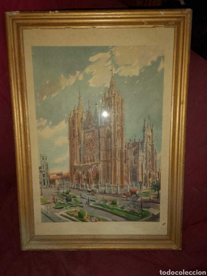 Arte: ANTIGUA LAMINA CATEDRAL LEON QUESADA LITOGRAF&Iacute;A COLOR ENMARCADA CRISTAL