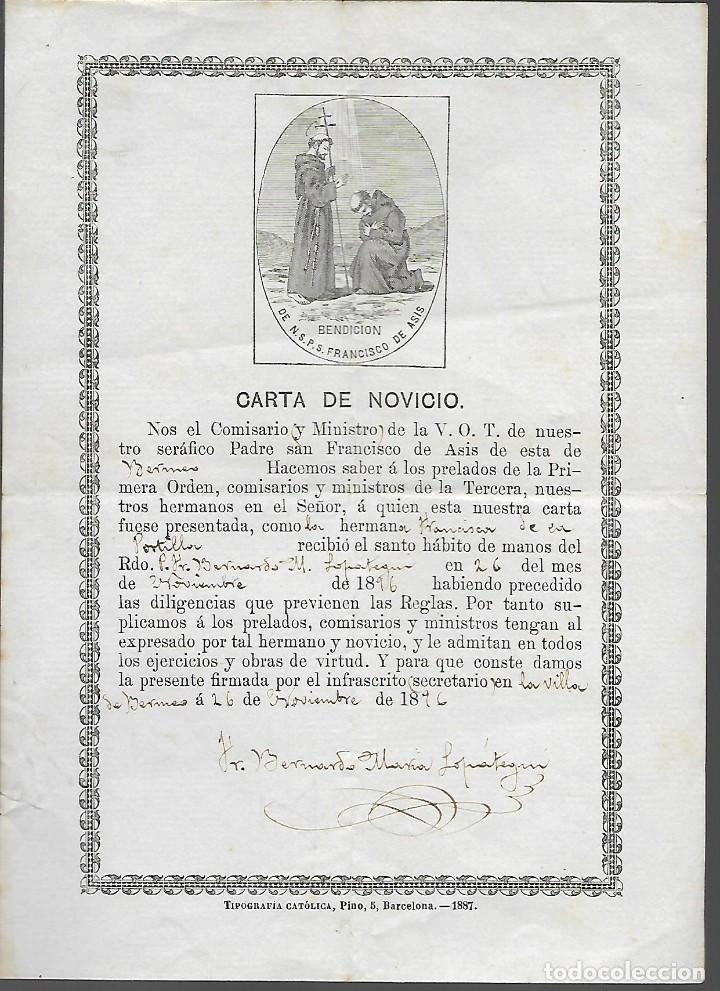 Kunst: CARTA DE NOVICIO, FIRMADO POR BERNARDO MARIA LOPETEGUI. A&Ntilde;O 1896, VER FOTOS