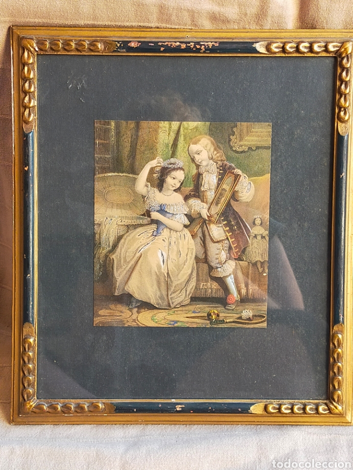 Kunst: ESCENA GALANTE, LAMINA ANTIGUA, EN MARCO DE MADERA DORADO.