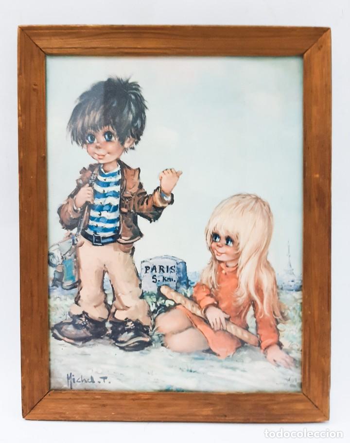 Art: Impresi&oacute;n de arte vintage - ni&ntilde;o y ni&ntilde;a haciendo autostop