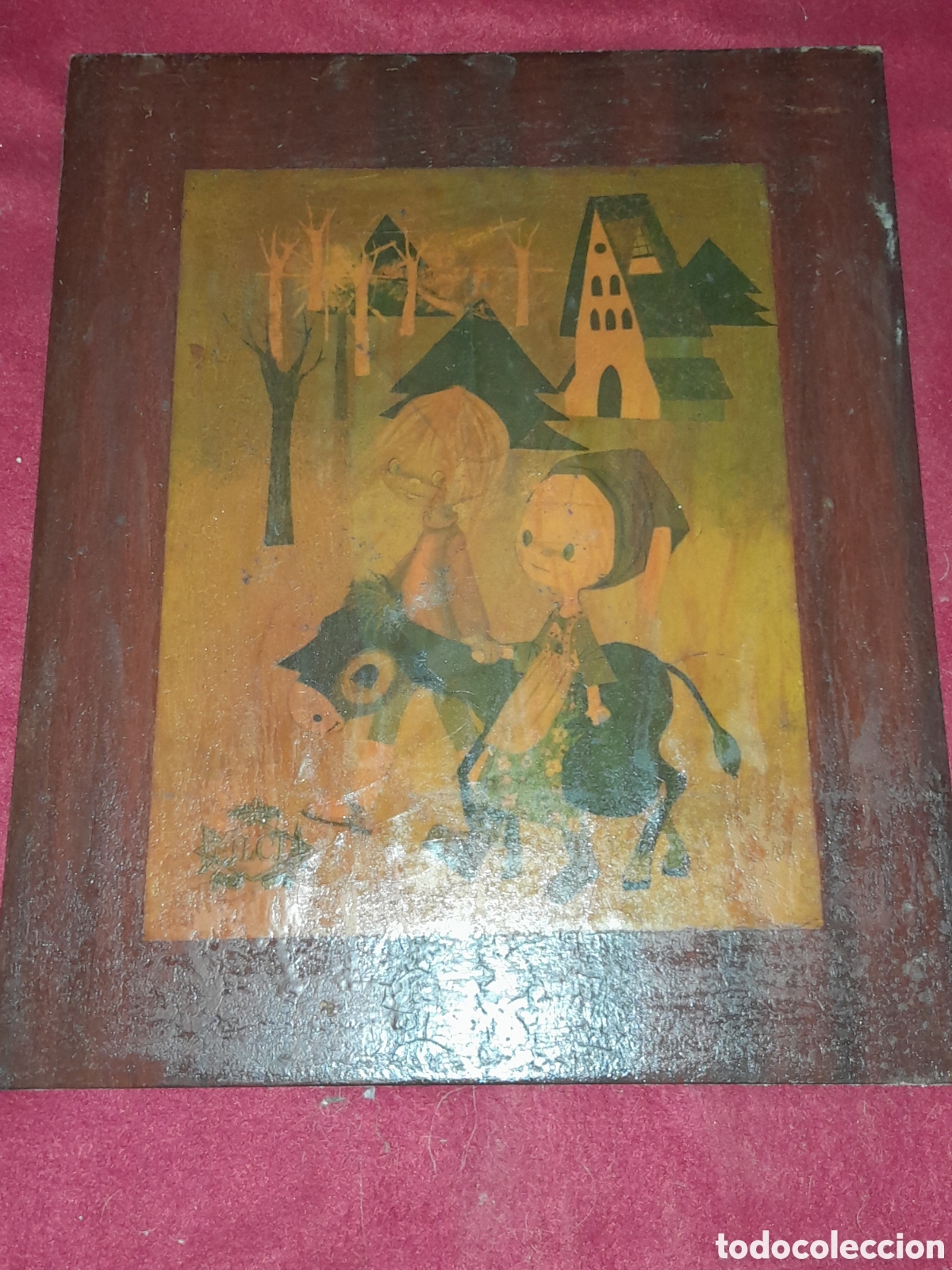 Art: ANTIGUO CUADRITO LAMINA EN MADERA NI&Ntilde;OS CON BURRO DULCIA MARCA REGISTRADA UNICO? SE AGRADECE INFO.