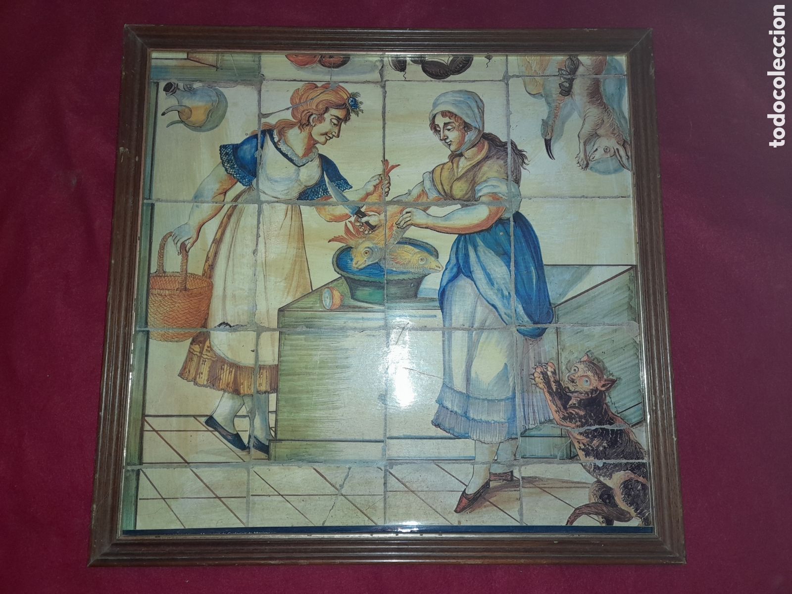 Art: ANTIGUA LAMINA MUJERES EN LA COCINA ENMARCADA SIN CRISTAL MURAL AZULEJOS SIGLO XVIII MUSEO MANISES