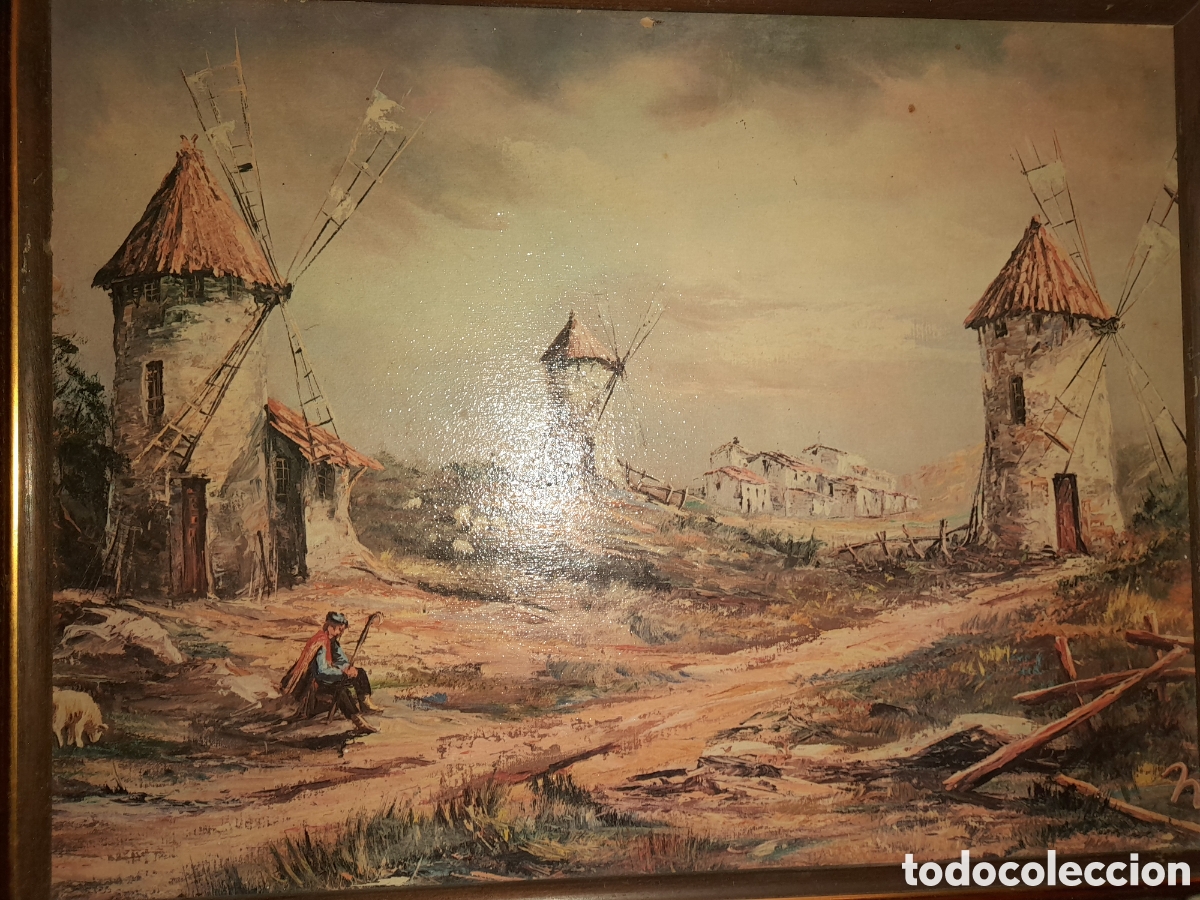 Art: ANTIGUA LAMINA SOBRE TABLA DE NADAL ESCENA PAISAJE PASTOR MOLINOS VIENTO PUEBLO