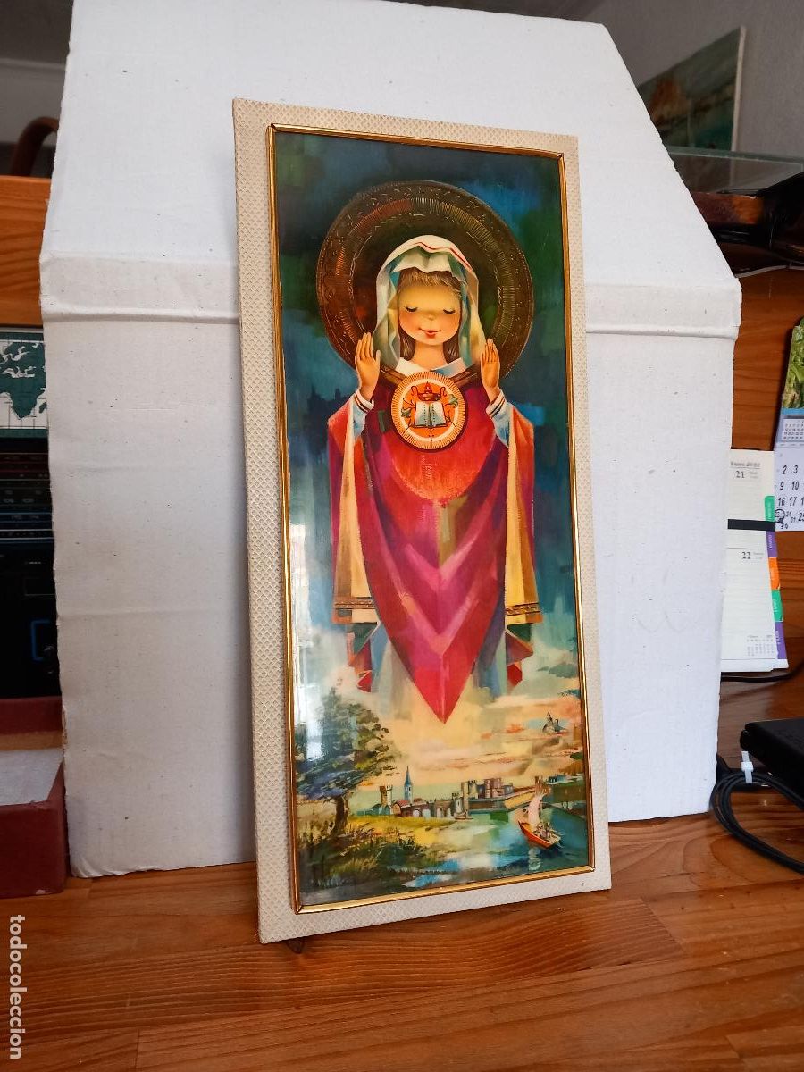 Kunst: Cuadro con Virgen ( tipo ferandiz) lamina del ilustrador Juan Vernet Gargallo. a&ntilde;os 60