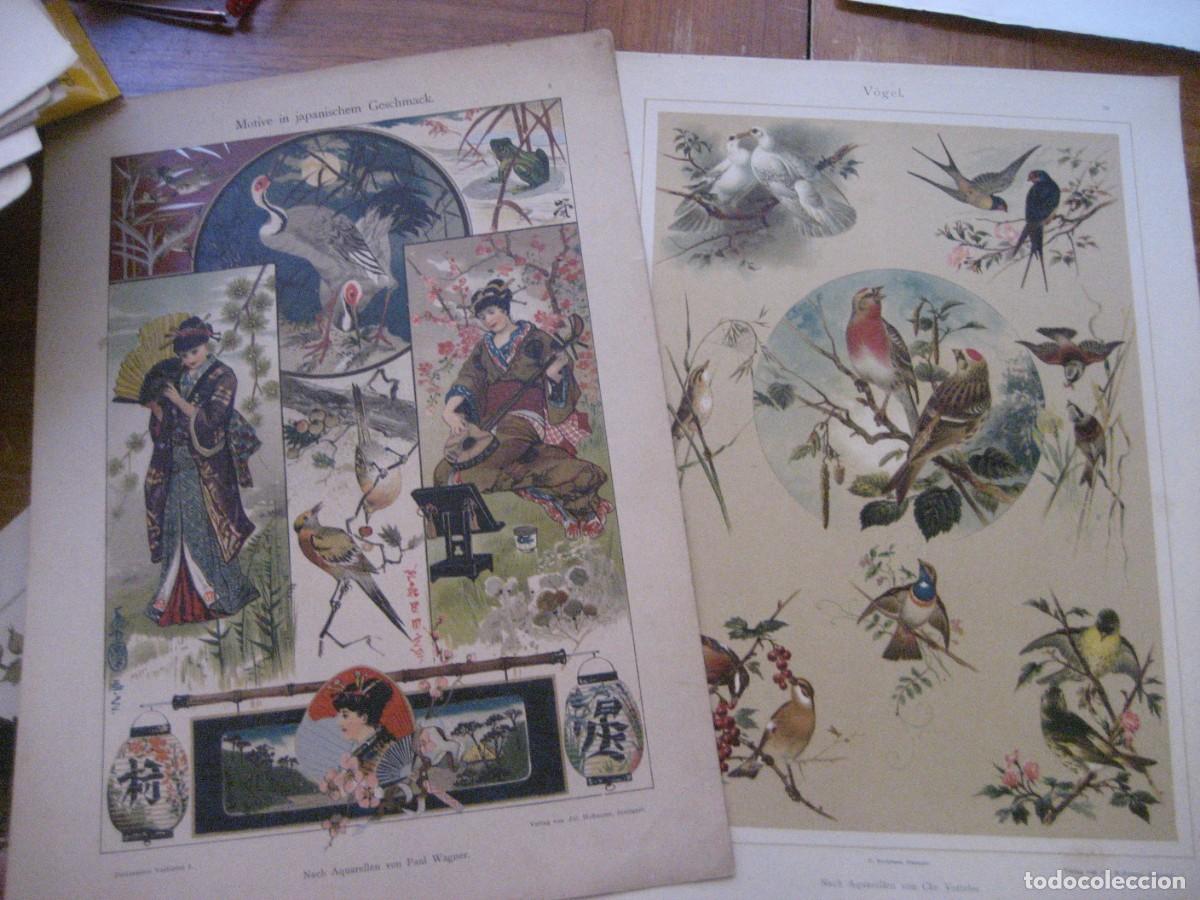 Kunst: 2 L&aacute;mina antigua Dekorative Vorbilder I Verlag Hoffmann Sttutgart s XIX motivos Japoneses y pajaros